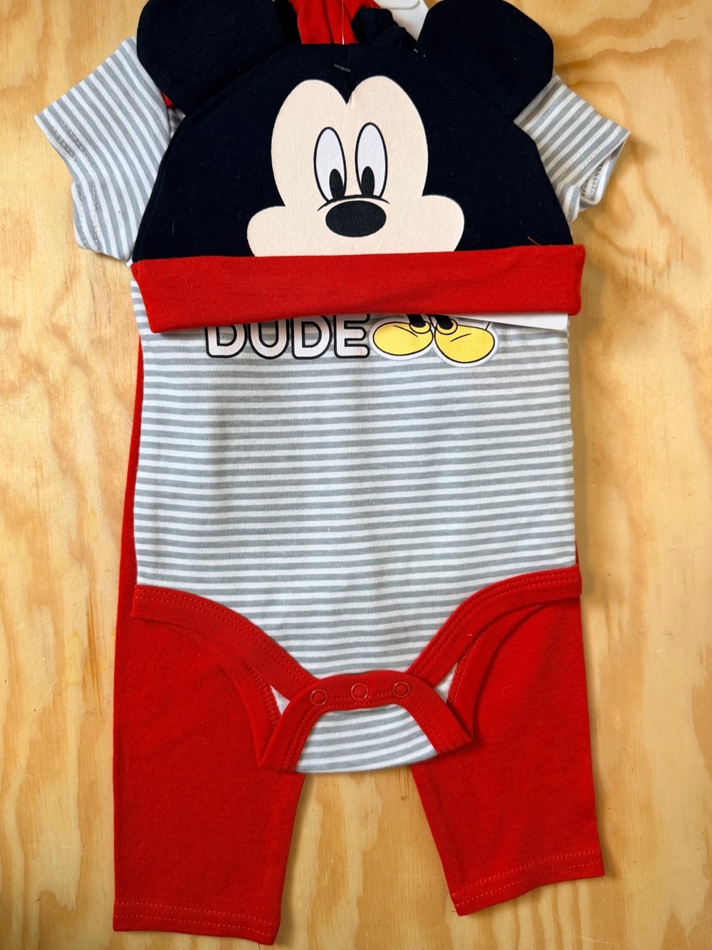 Disney Mickey Mouse Gray & Red Striped Baby One-Piece